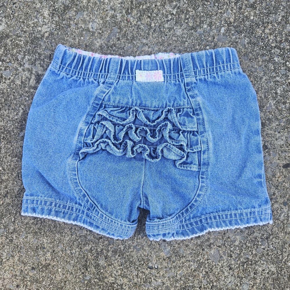 VTG 1990s Ruffle Butt Embroidered Baby Girl Denim Shorts 3-6M Faded Glory Jean